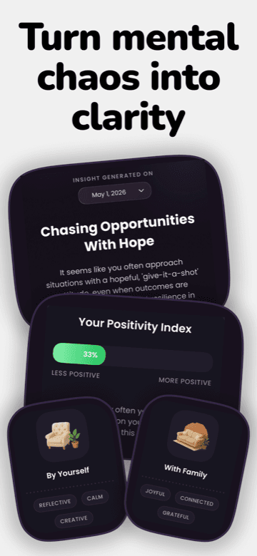 Glimmer insight cards showing a generated reflection, a positivity index of 33% and mood summaries for time spent by yourself and with family